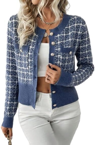 SKAYS Womens Tweed Plaid Cardigan Blazer Dressy Casual Button Front Cardigan Crew Neck Long Sleeve Texture Knit Jackets