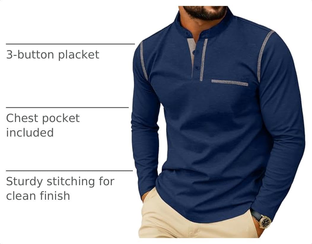 Men's Henley Shirts Long Sleeve Button T-Shirt Casual Stylish Cotton Pullover Shirt with Pocket thumbnail