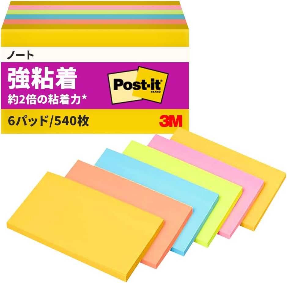 Post-it 655-6SSAN-AM Sticky Notes, Strong Adhesive, Neon Color, 3.0 x 5.0 inches (75 x 127 mm), 90 Sheets x 6 Packs