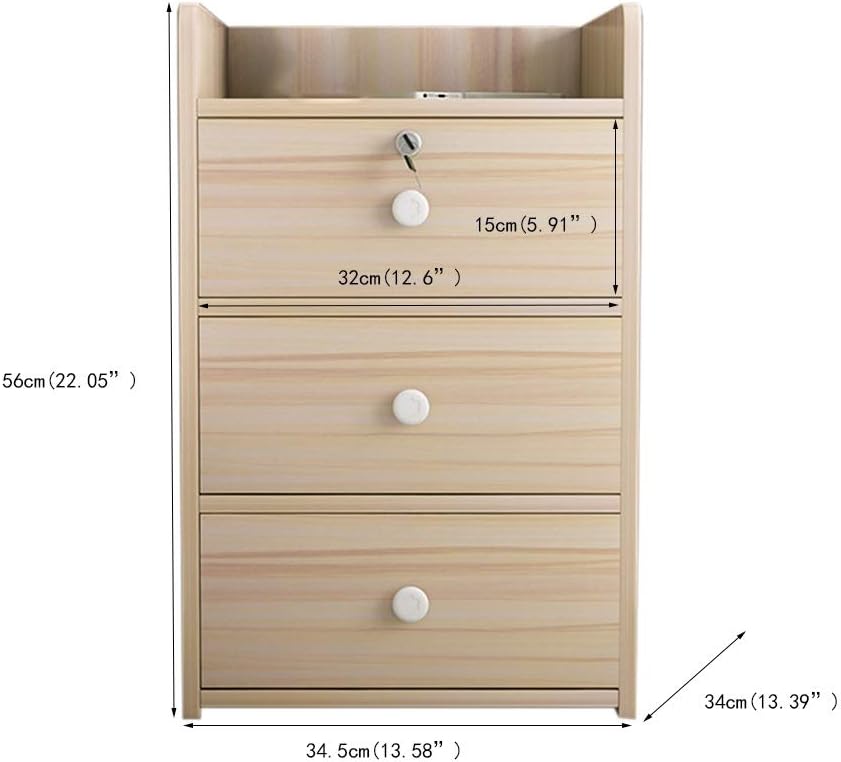 Wooden File Cabinet Office Filing Cabinet with Lock Three-Tier Drawer Cabinet Home Bedside Cabinet Information Cabinet Filing Cabinet (Color : 1) (Brass)