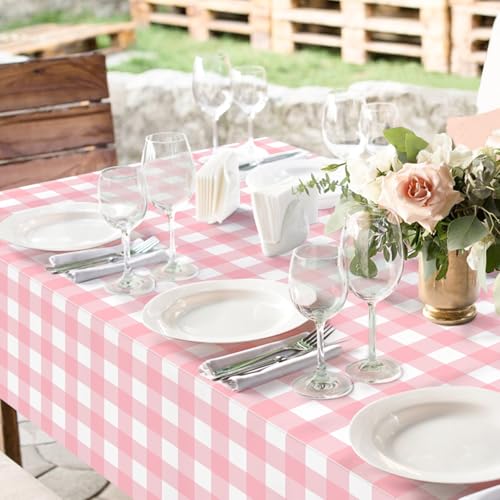 Image of Mulbozy 3 Pcs Pink Gingham Tablecloth Plastic 54 x 108 Inches