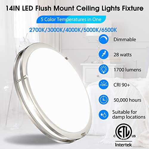 Dimmable Led Flush Mount Ceiling Light Fixture, 14 Inch Ceiling Lights For Kitchen, Bedroom, Bathroom, Hallway, 2700K/3000K/4000K/5000K/6500K Color Adjustbale, 28W 1700Lm, Brushed Nickel, Etl Listed #TOP1