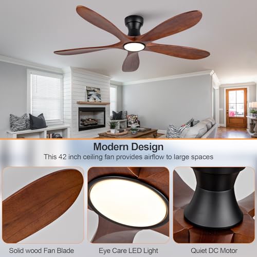 Image of 52 Inch Flush Mount Ceiling Fans with Lights and Remote, Dimmable 5 Blade Wood Outdoor Ceiling Fan Outdoor Fans for Patios Low Profile Modern Ceiling Fan with Light for Bedroom Living Room
