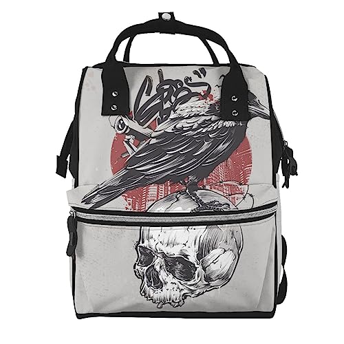 Sac à dos ordinateur motif corbeau skull pour homme et femme, grand compartiment style urbain