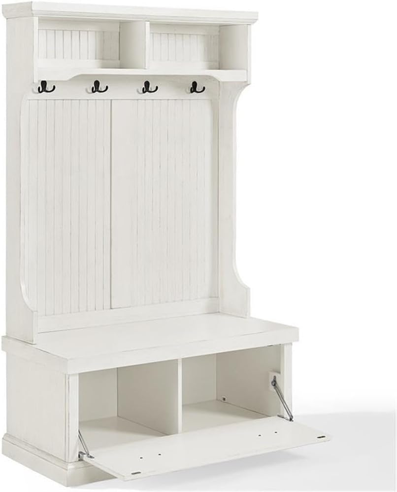 Pemberly Row Hall Tree, 64.5" H x 40" W x 18.5" D, Distressed White Finish, Solid Hardwood & Veneer, Beadboard Panels, Bench Seat with Storage, Hooks for Coats, Entryway Furniture