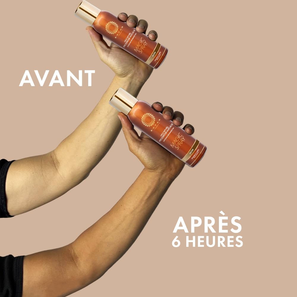 BOTAN Cosmetics Spray Bronzant Anti-âge hydratant 125 ml – Progressif évolution 24h00 –Vegan sans alcool. Brumisez à 30 cm. Séchage rapide, temps de pose pour un résultat doré homogène 5h à 6h.