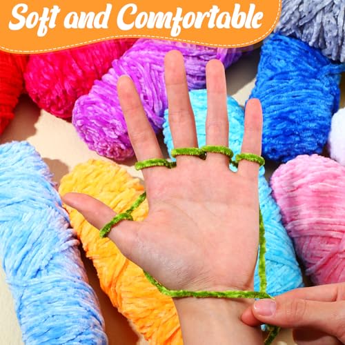 Image of Timgle 12 Pack Chenille Yarn for Crocheting, Soft Velvet Yarn 1312 Yards, 3 mm Thick Fluffy Plush for Hand Knitting Weaving Sweater Shawl Scarf Gloves DIY Craft, 109 Yards Each(Bright Color)