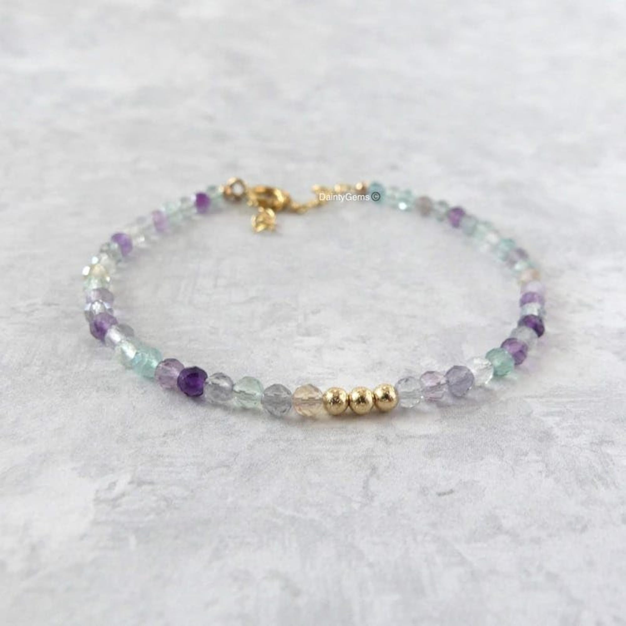 Fluorite Round Beaded Bracelet with Gold Lock, Adjustable
