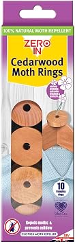Zero In Cedarwood Moth Repellent Ring - 10-Pack. Made from 100% Natural Eastern Aromatic Red Cedar for Effective, Long-lasting, Chemical-free Control. Place in Wardrobes, Drawers and Cupboards
