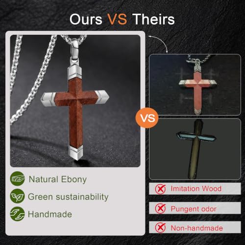 Image of Wooden Cross Necklace for Men with Stainless Steel Adjustable Chain 24-26in, Christian Wood Crucifix Pendant Gift for Him