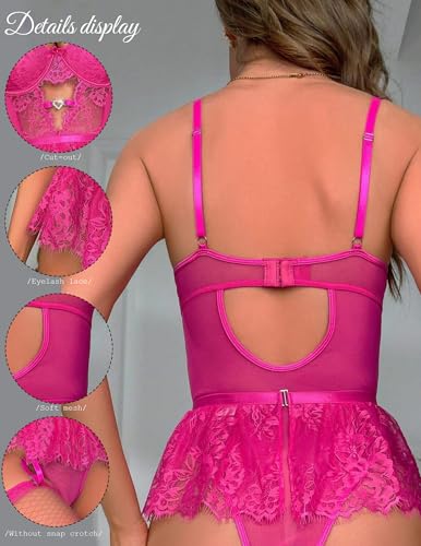 Image of Alrovetoney Women Lingerie Set Naughty Lace Bodysuit High Waisted Underwire Lingerie Babydoll With Garter Belt and Stockings