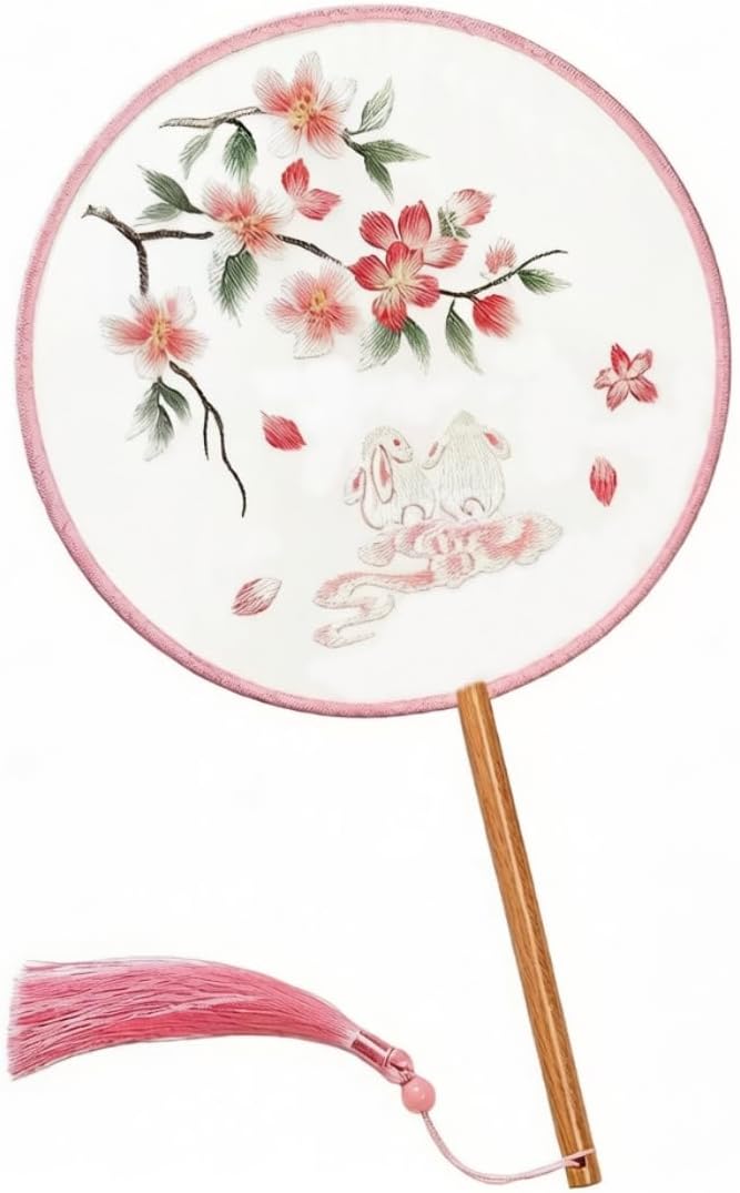 Chinese Round Hand Fans with Tassel Hand Circular Fans Double-Sided Embroidery Hand Fans Translucent Silk Round Fans Ancient Court Round Hand Fans (Pattern-5-Green-Lotus-and-Goldfish)