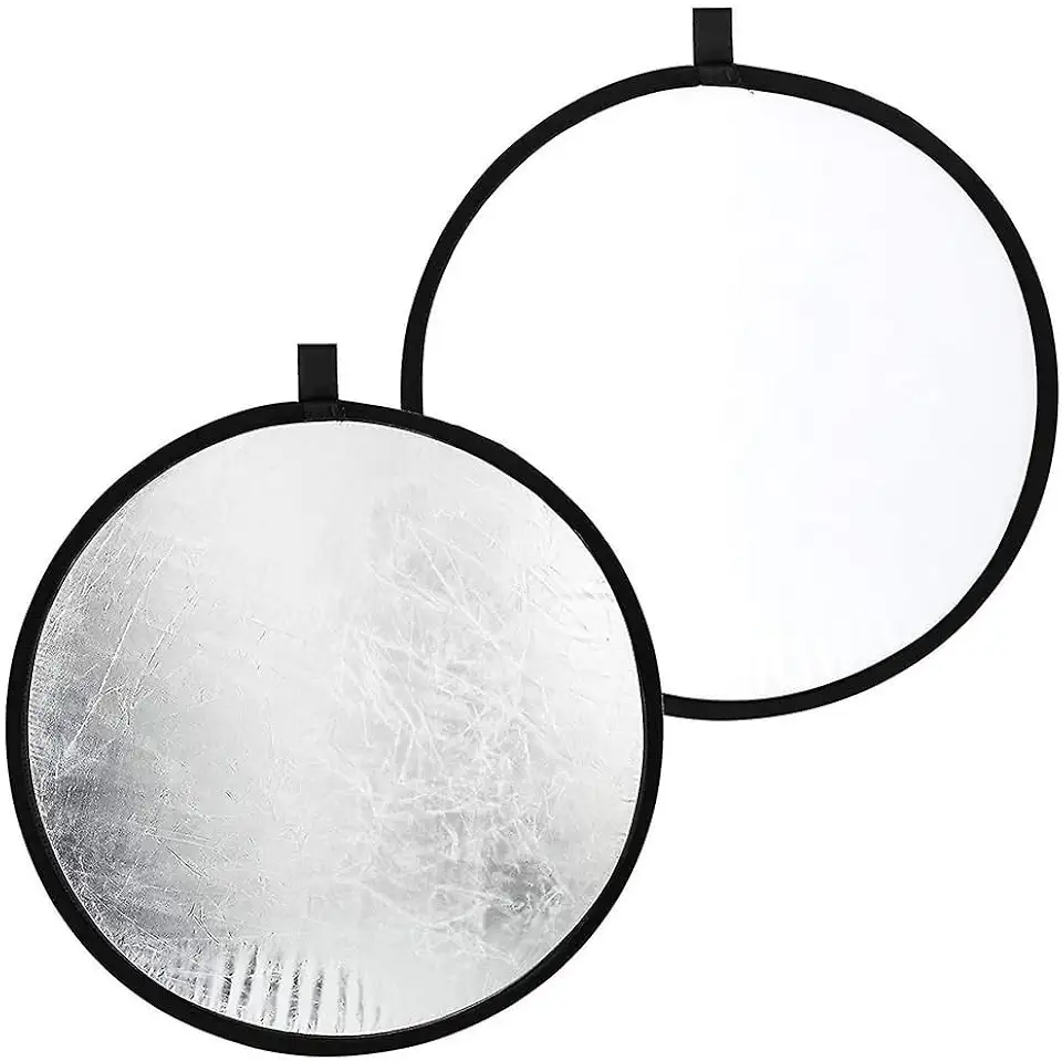 Rebatedor de Luz Fotográfico Redondo 2 em 1, Branco e Prata ou Dourado e Prata Circular Portátil com Bolsa em Nylon (Branco e Prateado, 60cm)
