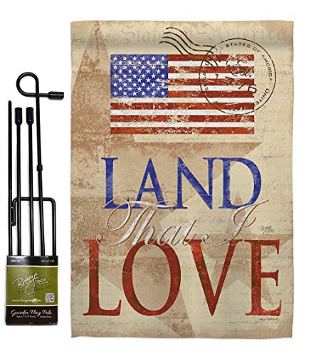 Breeze Decor Land That I Love Garden Flag Set with Stand Star and Stripes Patriotism Independence Memorial United State American House Banner Small Yard Gift Double-Sided, Made in USA