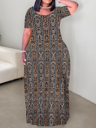 Image of PinkPatty Plus Size Maxi Dress for Curvy Women Crew Neck Long Sleeves Casual Dress Vacation Sundresses with Pockets