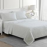Martha Stewart Prairie Stripe 300TC 100% Cotton Percale Sheet Set, Green/White, 4 Piece - 1 Flat Sheet, 1 Fitted Sheet, 2 King Pillowcases, Breathable Cotton Printed Bed Sheets, King Size