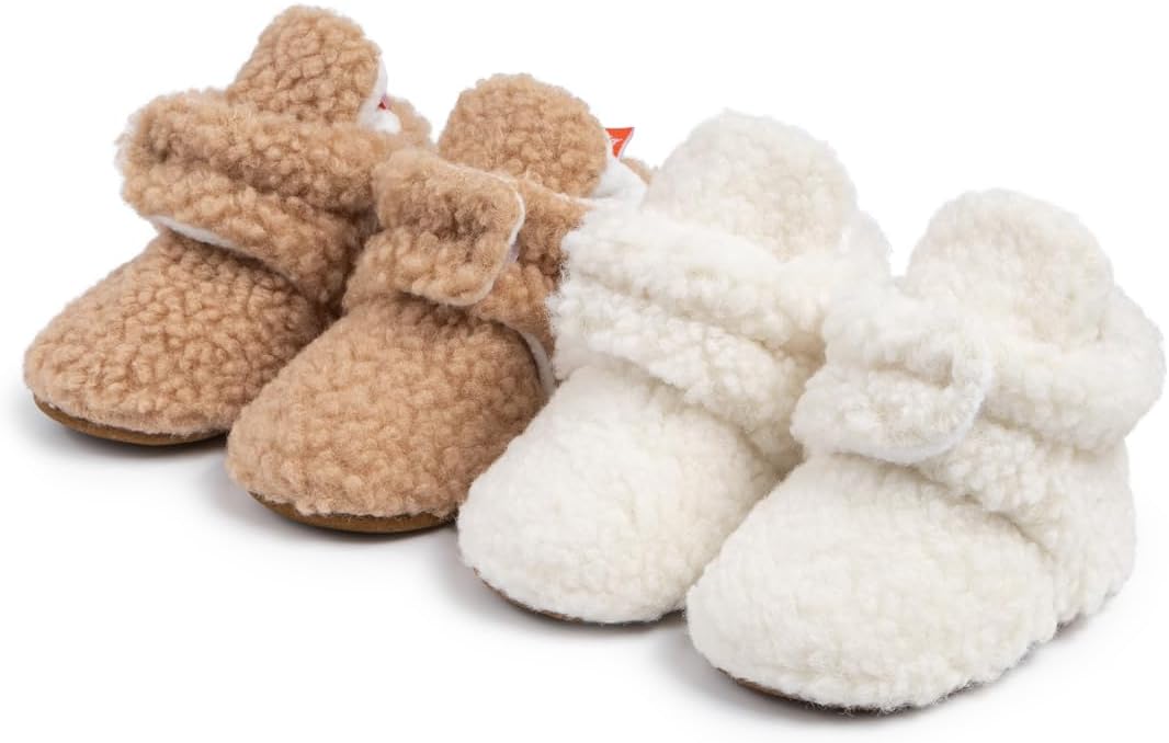 Polar Feet Berber Baby Booties with Snap Closure & Slip-Resistant Sole, Sizes from 0 to 18 months, Multi-colored | Warm Crib Shoes for Infant & Toddler Boys & Girls, Beginner Walking Booties
