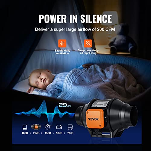 Image of VEVOR Inline Duct Fan, 4-Inch 200 CFM with Variable Speed Controller, Quiet AC-Motor Ventilation Exhaust Fan for Cooling Booster, Grow Tents, Hydroponics