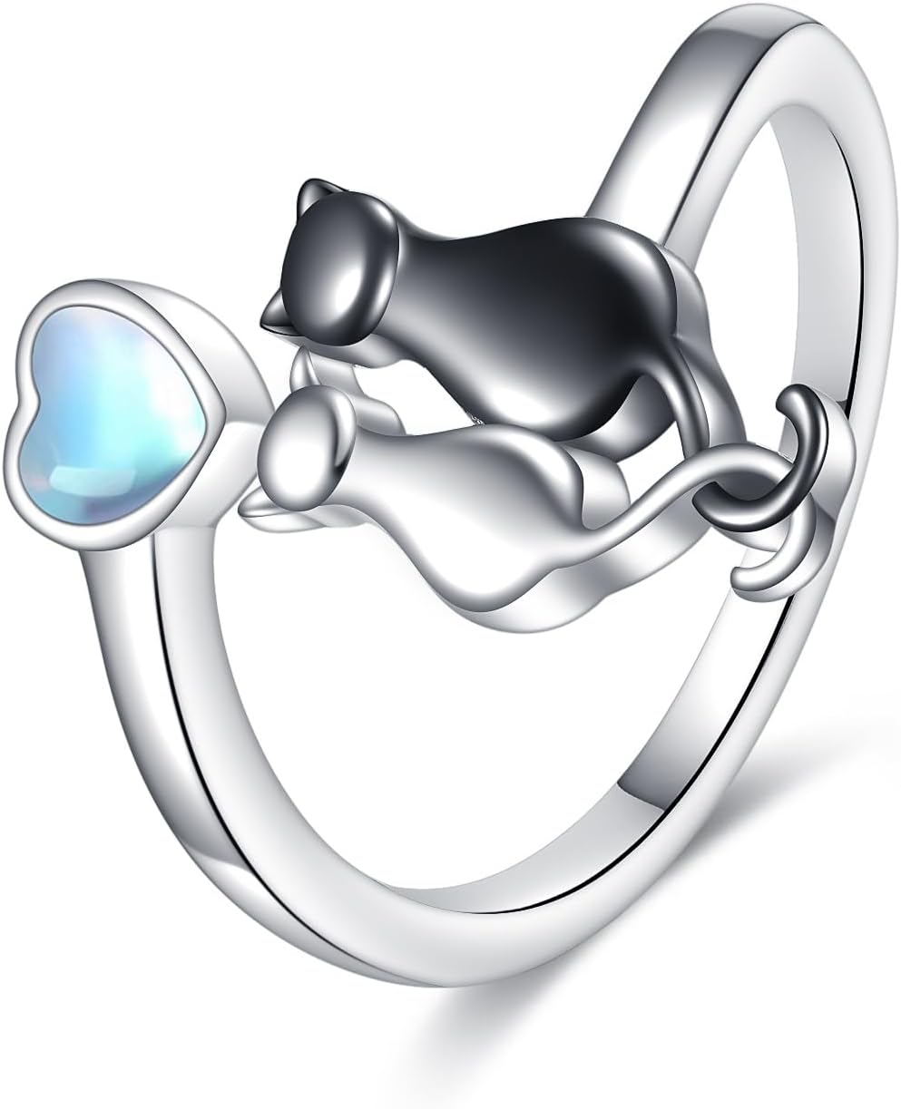 VONALA 925 Sterling Silver Cat Ring for Women Black Cat Moonstone Open Ring for Mother Adjustable suit 6-9#