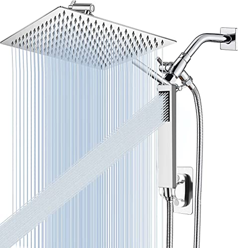 All Metal 12'' Rain/Rainfall Shower Head With Handheld Spray Combo, High-Pressure Square Shower Head With 13'' Extension Arm, Dual Chrome Shower Heads With 78'' Hose, Waterfall Showerhead #TOP26
