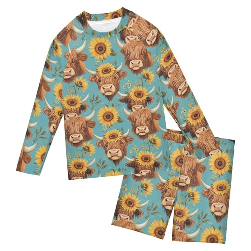 Highland Cow Sunflower Cute Baby Boys' Toddler Long Sleeved Rashguard Swim Bathing Suit Set B0403917