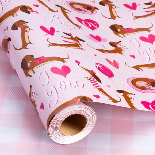 Flyhill Pink Puppy Love Wrapping Paper Roll Cute Dachshund Pattern & Heart Balloon Reversible Gift Wrap for Birthday Valentines Day Wedding Anniversary Baby Shower Pet Lovers (17 Inch X 33 Feet)