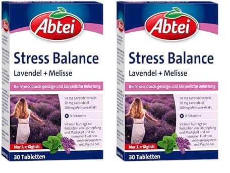 Abtei Stress Balance – mit Lavendel + Melisse - bei Stress durch mentale und körperliche Belastung - mit B-Vitaminen - glutenfrei, laktosefrei, gelatinefrei - 1 x 30 Tabletten (Packung mit 2)