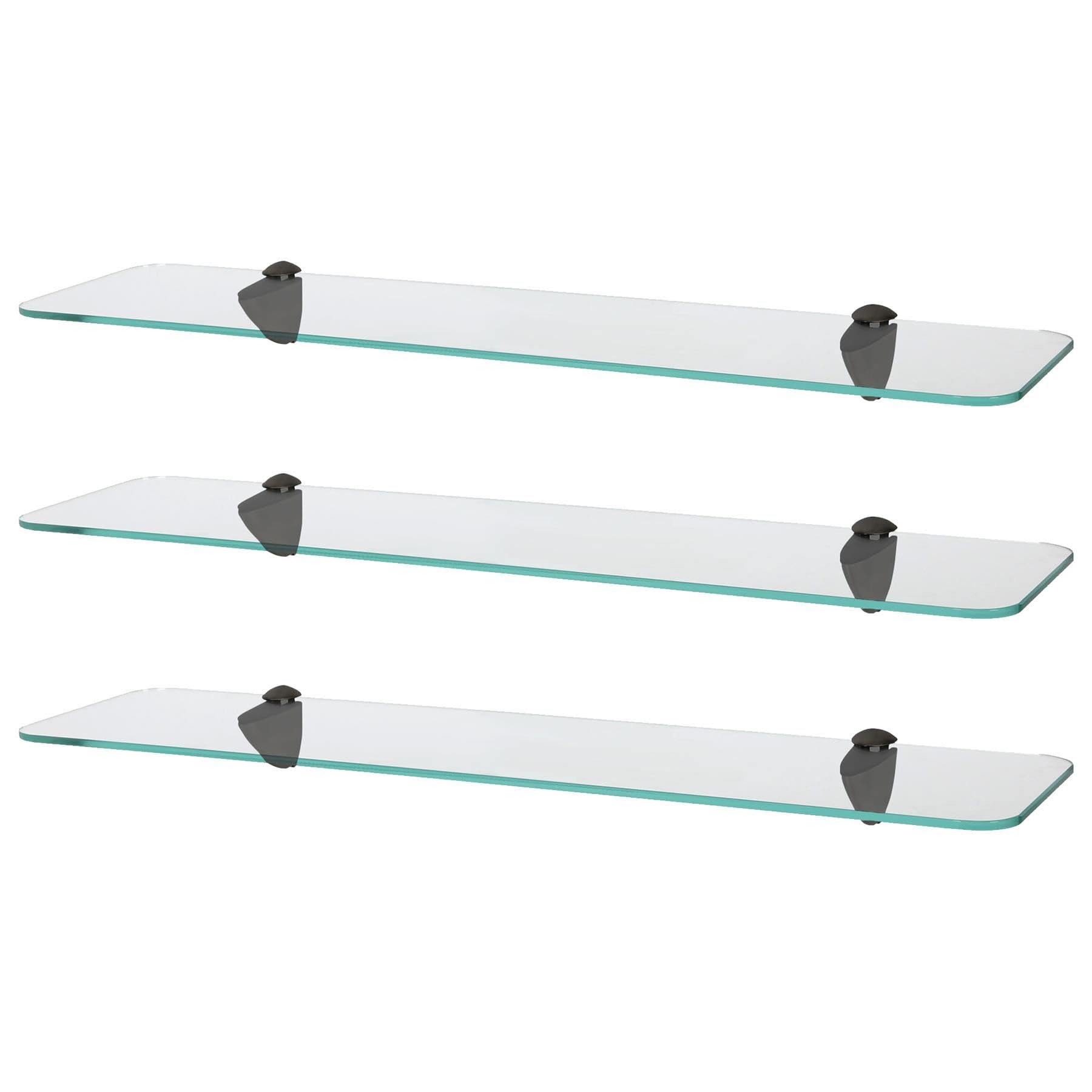 Harbour Housewares Rounded Floating Glass Bathroom Shelves - 60cm - Clear/Black - 3x Wall-Mounted Kitchen Bedroom Shower Room Décor Caddy Towel Storage Organiser Shelving Rack with Brackets