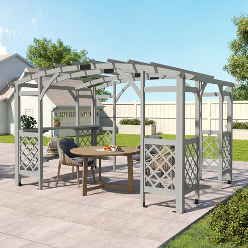 HAPPATIO 10' x 14' Pergola Outdoor, Wooden Pergola Grape Trellis with Bar Counter, Solid Wood Stable Structure with Arched Top Gazebo for Climbing Plant Support, Garden, Patio, Backyard,Grey