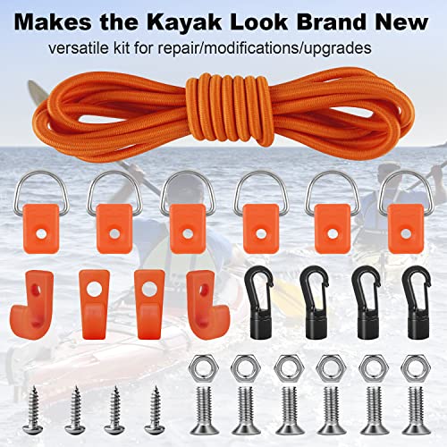 Kayak Deck Rigging Kit 1/4" 9.8' Bungee Cord With 6 D Rings& 4 J Hooks Tie Down Hooks& 4 Bungee Shock Cord Hooks,Tie Down Kayak Deck Line Repair Replacement Parts For Kayak Boat Canoe Accessory-Orange #TOP7
