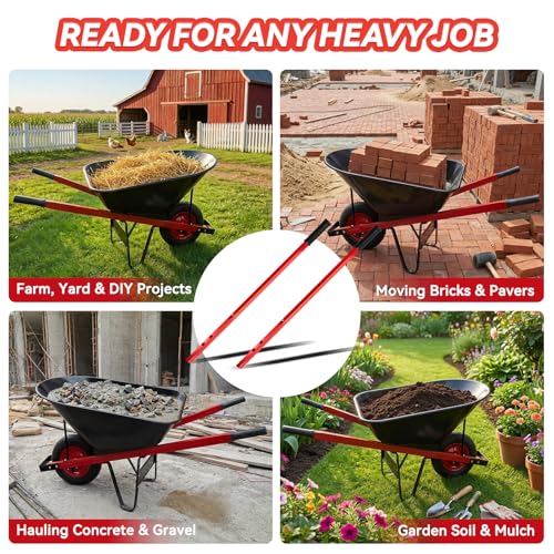 SERABETTO 60\" Wheelbarrow Handles, Heavy Duty Steel Wheel Barrow Handles Kit with Front Nose Connector & Brackets, Powder Coated Red Wheelbarrow Parts