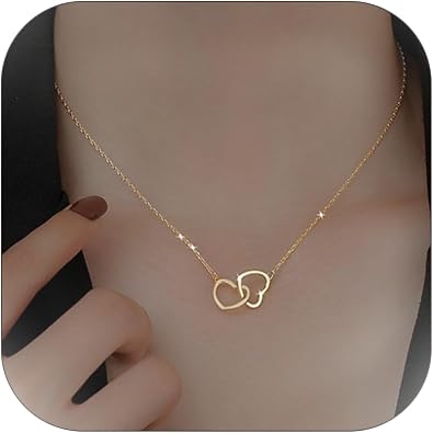 Heart Necklace for Women Gold Double Heart Necklace Non Tarnish Dainty Tiny Love Heart Pendant Necklace Choker Silver Rose Gold Trendy Jewelry 18K Gold Plated Stainless Steel Necklace Best Valentines Gift for Her