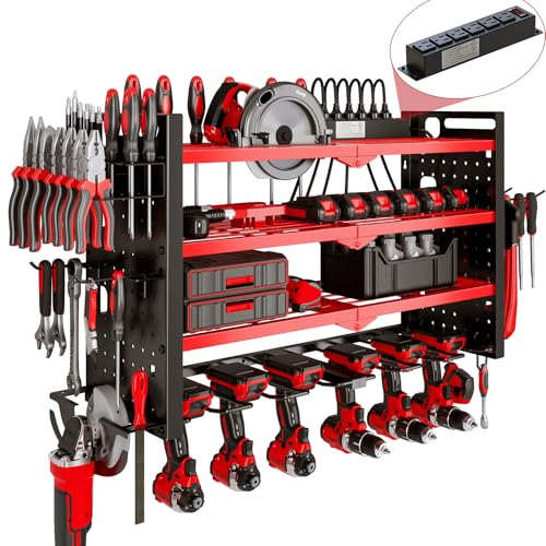 NattyDot Power Tool Organizer Wall Mount with Charging Station 4 Layer 6 Slot Cordless Drill Holder with Angle Grinder Holder (Red)
