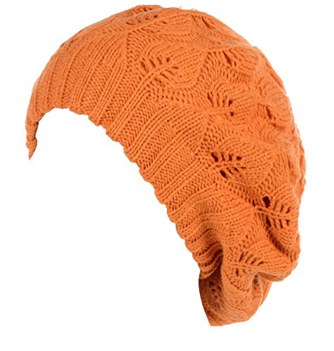 BYOS Winter Chic Warm Double Layer Leafy Cutout Crochet Knit Slouchy Beret Beanie Hat (Orange Leafy)