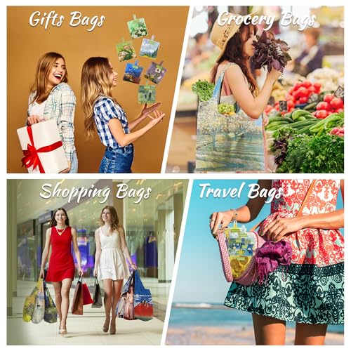 BeeGreen Oil Painting Aesthetic Tote Bag - Large Reusable Grocery Bag, Polyester Grocery Bags Gifts for Women,Foldable, Washable, Packable with Handles & Pouch for Shopping, Beach, Work, Summer