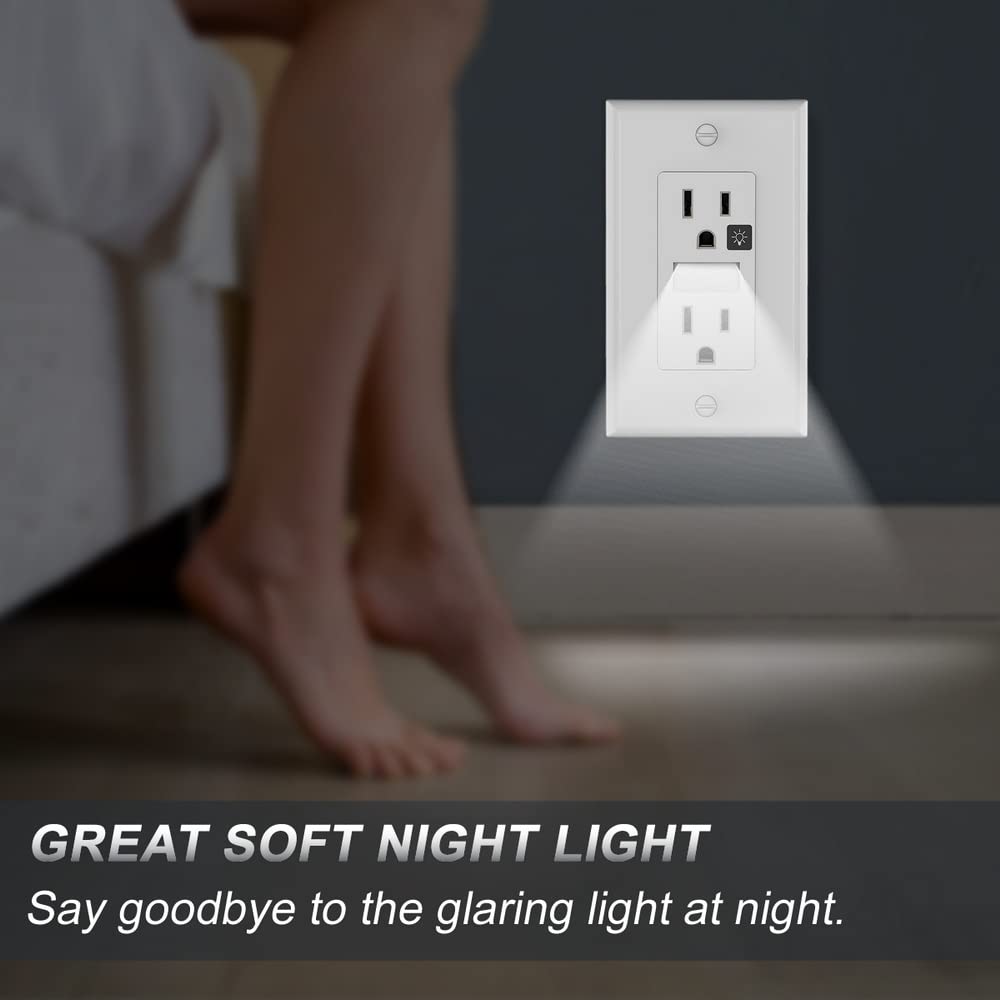 Receptacle Outlet with Night Light,15A 125V Standard Electrical Outlet with WallPlates,Turn LED Light On/Off Automatically,Nightlight for Kids,Bedroom,Bathroom,Stairs(4 Pack,White)