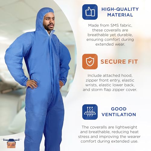 EZGOODZ Blue Disposable Coveralls with Hood, L. 5 Pack Hazmat Suits Disposable. 60 GSM Micropourus Painters Suit. Painters Coveralls with Front Zipper, Elastic Wrist, Ankle
