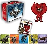 La lonchera de metal de estilo retro de los Raptors de Jurassic World cuenta con el icónico logotipo de Jurassic World en un lado y los Raptors en el otro.