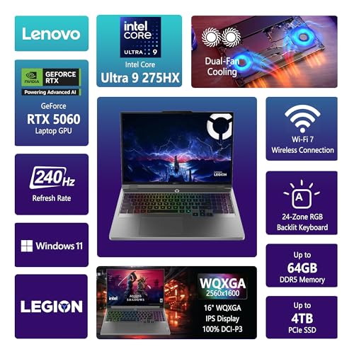Image of Lenovo Legion 5 AI-Powered Gaming Laptop | 16 inch WQXGA IPS 240Hz 100% DCI-P3 | Intel Core Ultra 9 275HX | 32GB DDR5 1TB SSD | GeForce RTX 5060 (572 AI Tops) | RGB Backlit Win11 Pro w /DLCA Accessory