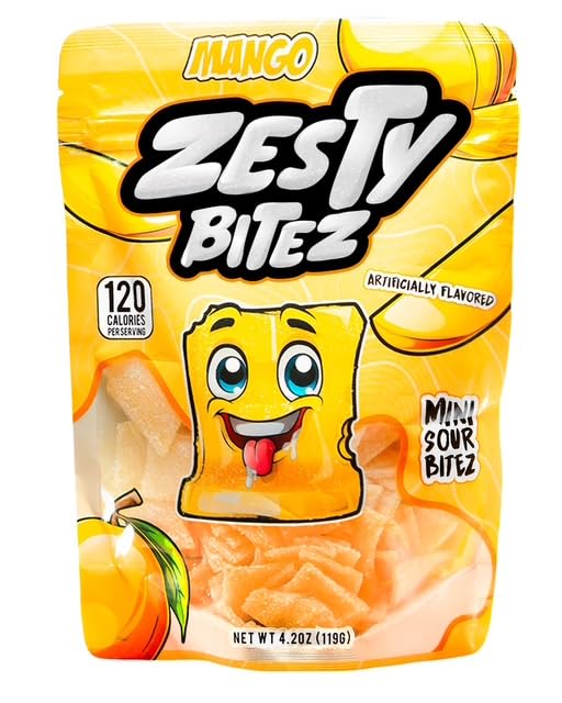 Zesty Bitez Sour Gummy Belt Squares, Sweet and Tangy Candy Strips, 4.2 oz Resealable Bag (Mango)