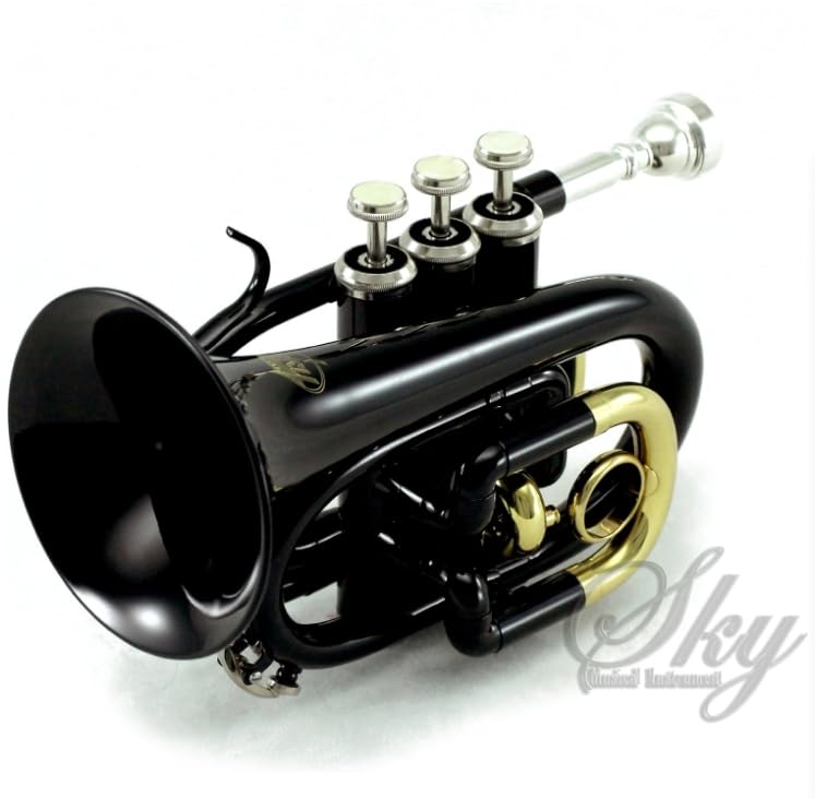 Sky Band Approved Brass Bb Pocket Trumpet with Case, Cloth, Gloves and Valve Oil (Black)