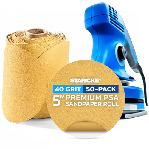 5 Inch Sanding Discs 40 Grit, 50 Pack Sandpaper Discs PSA Adhesive Sandpaper Roll No Hole - Disc Gold Round Sanding Paper, Durable Sand Paper for Wood, Auto Body, Metal, Paint for Surfaces
