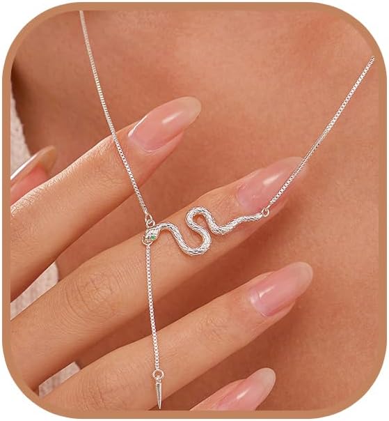 Snake Necklace for Women 925 Sterling Silver Y Necklace Dainty Green Eye Cubic Zirconia Zodiac Animal Necklaces Hypoallergenic Halloween Snake Jewelry Birthday Christmas Gifts