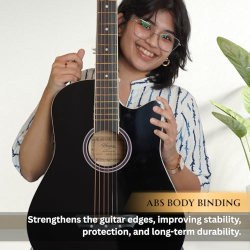Image of Henrix 38C PRO 38 Inch Bass Wood Cutaway Acoustic Guitar With Die-Cast Tuners, Dual-Action Truss Rod, Gig-Bag, Picks, String Set, String Winder, Strap & Polishing Cloth - Black