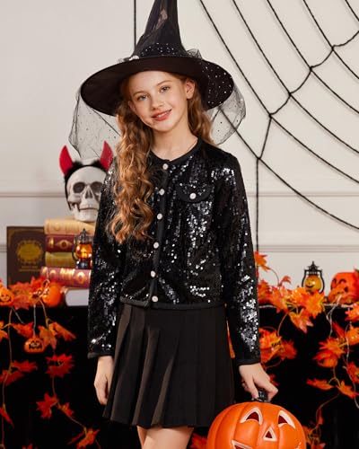 GRACE KARIN Girls Sequin Jackets Sparkle Dress Coats Button Cropped Cardigan for Kids 5-142