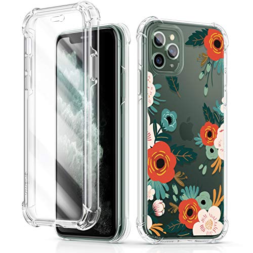 GVIEWIN Floden Series iPhone 11 Pro Max Case 6.5 Inch 2019, [Built-in Tempered Glass Screen Protector] Full-Body Clear Flower Rugged Bumper Shockproof Bundle Phone Cover (Flowering/Reseda Green)