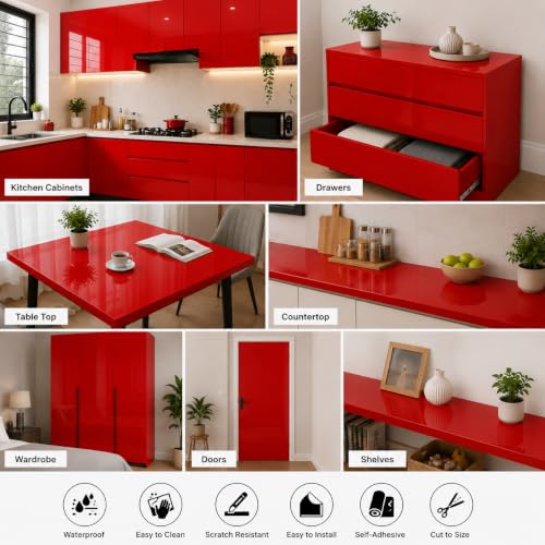 Image of Vinyl Contact Paper Decorative for Cabinets Countertops Kitchen Shelves Liner Self Adhesive Film Peel and Stick Waterproof Removable Wallpaper (Inches 24 x 96, Red Glossy)