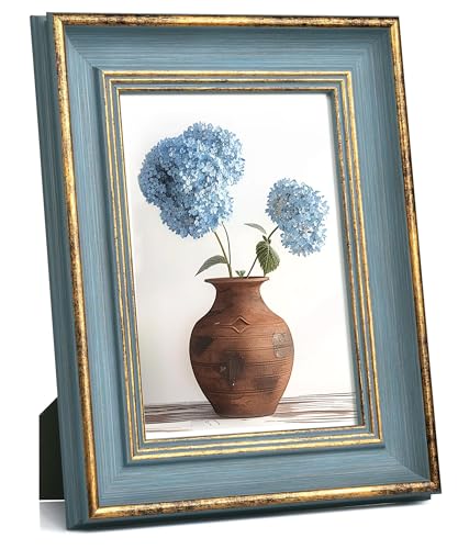 Afuly Marco de Fotos 7x5 Marcos de Fotos Vintage 5×7 pulgadas Azul Dorado Boda Amigos Cumpleaños Familia Navidad Mujeres Mamá Regalos para Escritorio Sobremesa Pared con Soportes Decoración Antigua