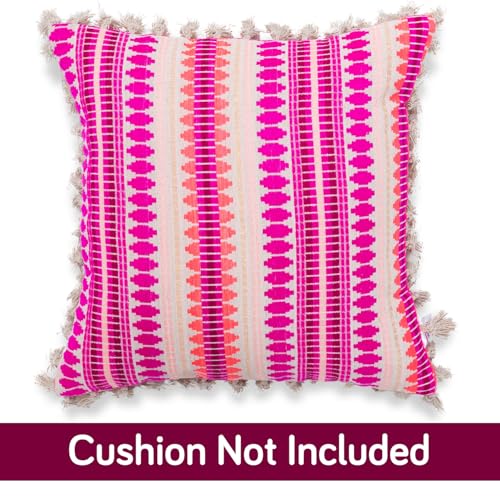Image of HOKIPO 'Artisan Boho Series' Sofa Cushion Covers | 450 GSM Cotton Acrylic Jacquard | Tassel Design | 22x22 Inch (55x55 cm) | Pack of 2, Fucshia Pink (IN-906-A5*2)