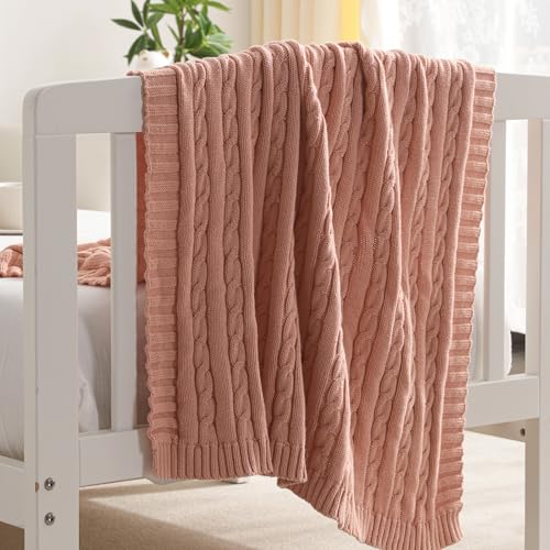 Image of NTBAY 100% Pure Cotton Cable Knit Toddler Blanket, Super Soft Warm Breathable 30x40 Baby Blanket for Crib, Stroller, Nursery, Travel, Newborn, 30x40 Inches, Coral Orange